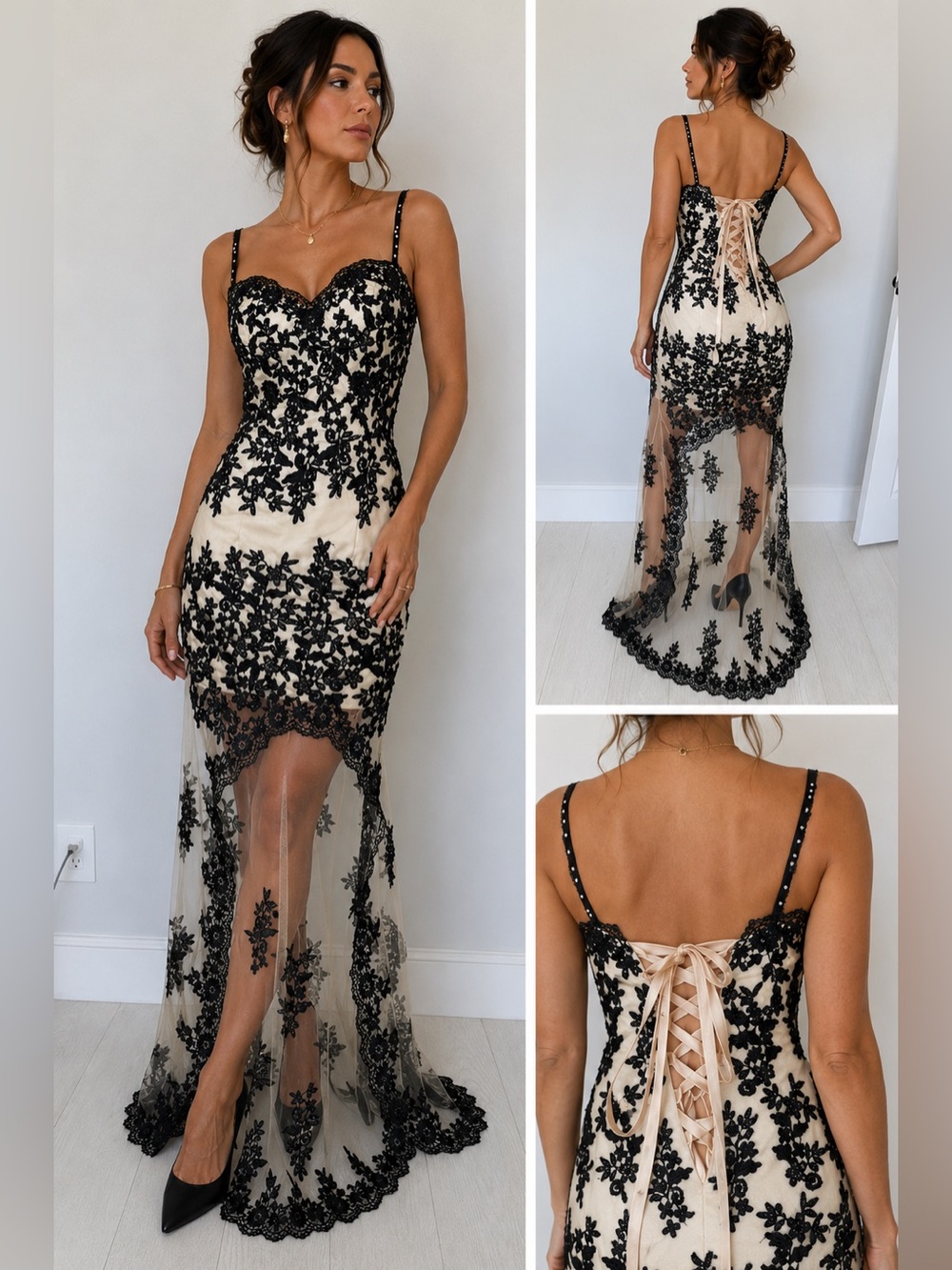 Elegant Black Lace High-Low Dress on Cream - Women's Formal